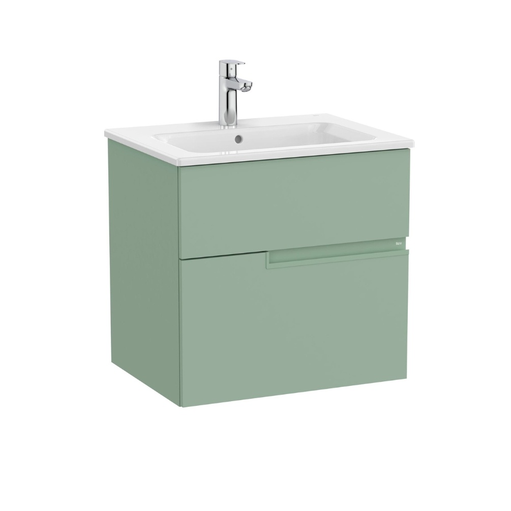 Product cut out image of the Roca Victoria-N Unik Sage Green 600mm Wall Hung 2 Drawer Vanity Unit & Basin